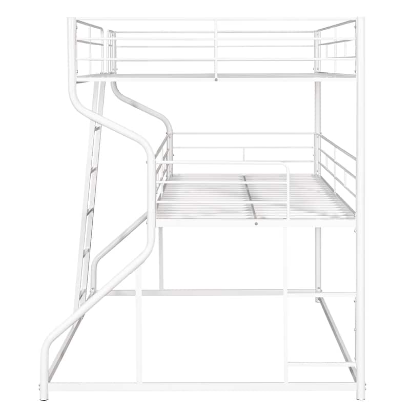 Full XL over Twin XL over Queen Size Bunk Bed with Full Length Guardrails, Heavy Duty Metal Triple Bunk Bed Frame with Ladder