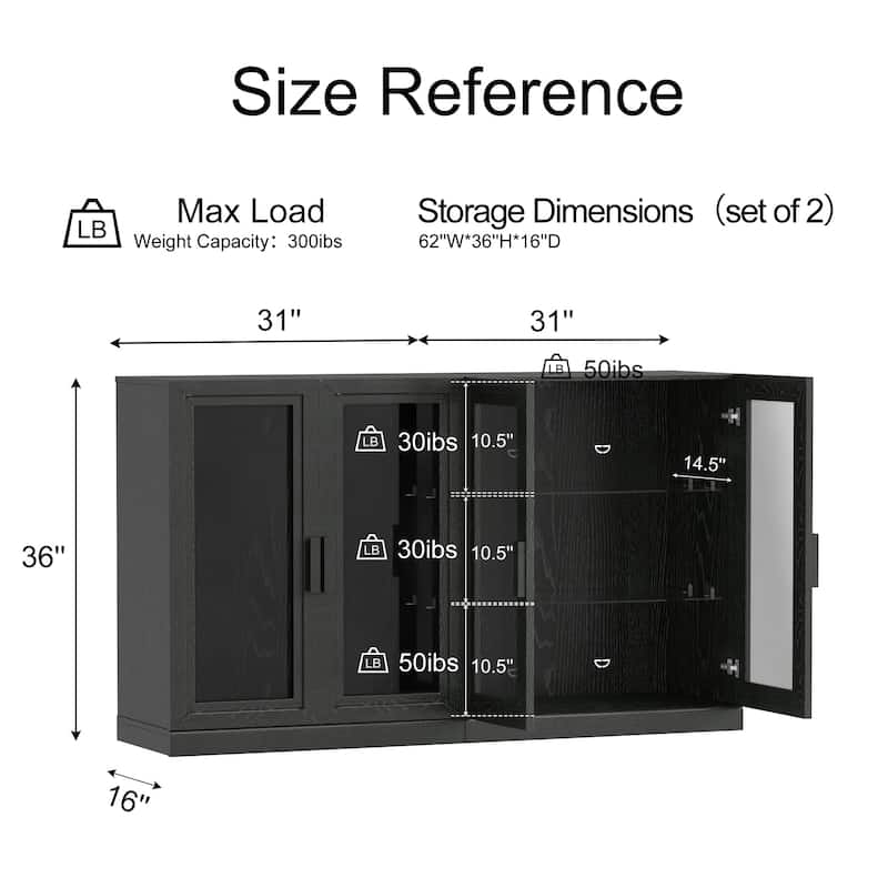 62"LX36"H Solid Wood Kitchen Pantry Sideboard Buffet Cabinet Storage with with Glass Doors