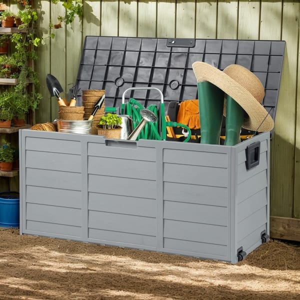 75 Gallon Outdoor Storage Box, Lockable Plastic Storage Containers with Lid, Patio Deck Box Furniture