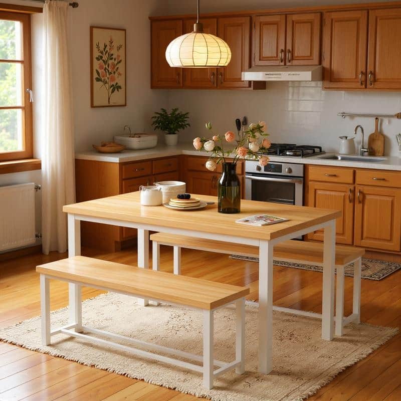 Mieres Vintage Industrial Style 3 Piece Dining Table with 2 Benches Set, Space Saving Kitchen Dining Room Bar Table Set