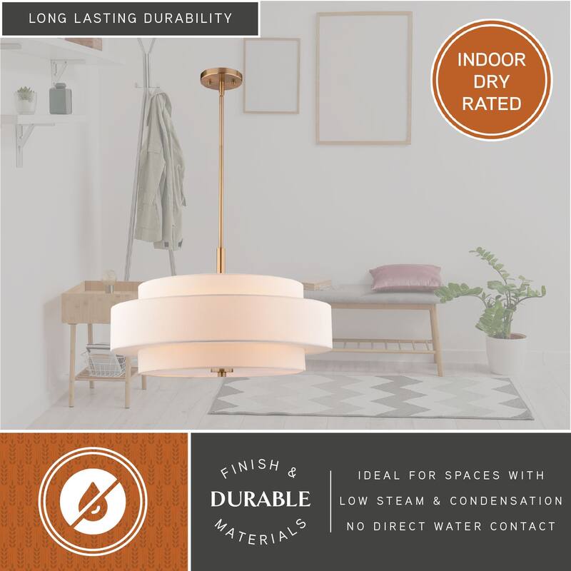 VAXCEL Brentwood Sunset Gold Mid-Century Modern Drum Pendant, White Linen Fabric Shade, Hanging Ceiling Light Fixture