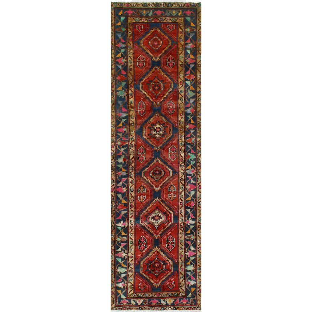 Fine Vintage Distressed Irie Red/Navy Runner - 3'7" x 13'2"