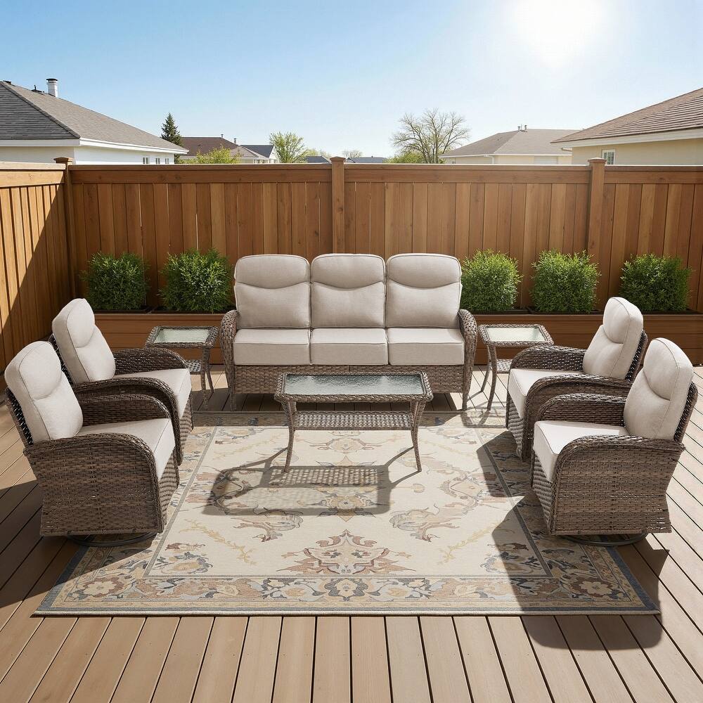 Meyreso 8-Piece Wicker Patio Conversation Set with Swivel Gliders and 6-Inch Thick Olefin Cushions