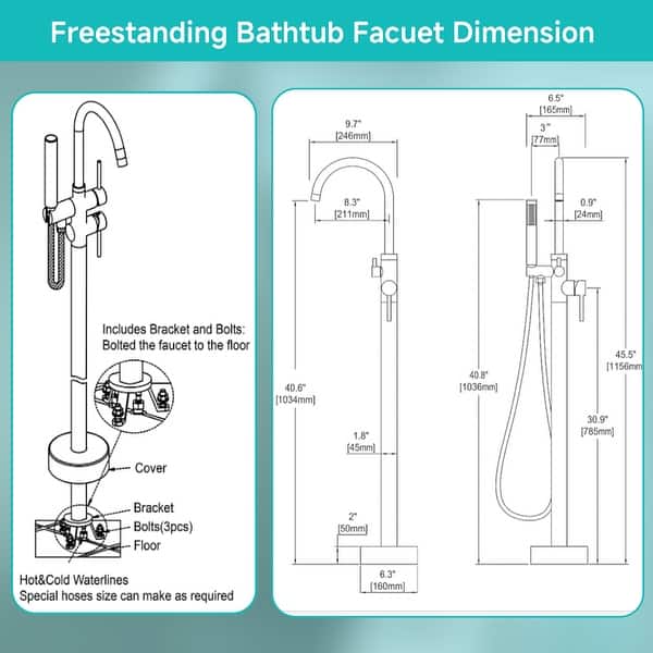 dimension image slide 1 of 2, Floor Mount Bathtub Filler with Handheld Shower, Gold/Black/Sliver Freestanding Bathtub Faucet, Stand Alone Tub Faucet