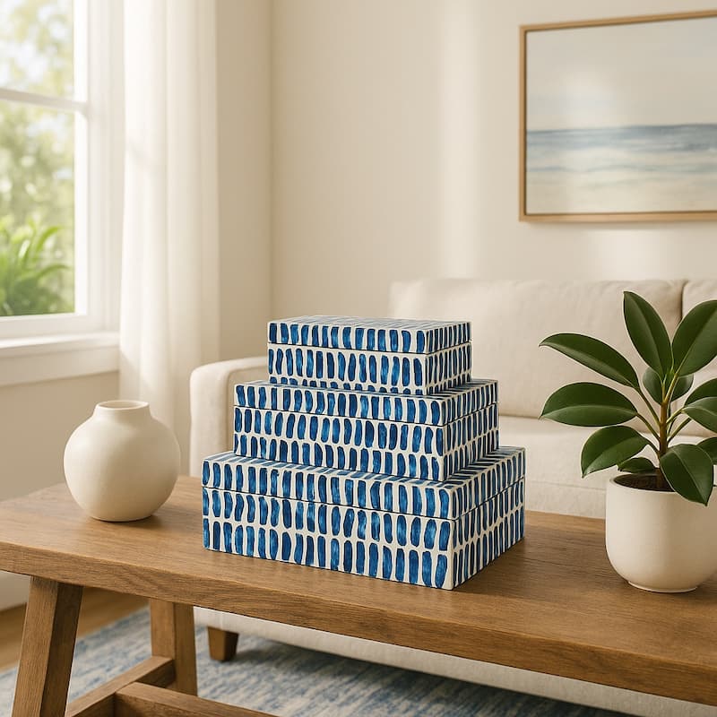 Decorative Boxes with Lid - Set of 3, 10", 11", 12", Blue & White - 12.0"