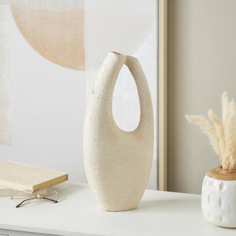 Cream Paper Mache Curved Cutout Abstract Decorative Vase with Brown Distressed Texturing