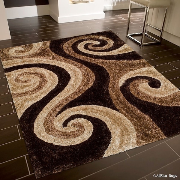 AllStar Rugs Coco Shaggy Area Rug with 3D Brown Spiral Design. Contemporary Formal Casual Hand Tufted (5' x 7')