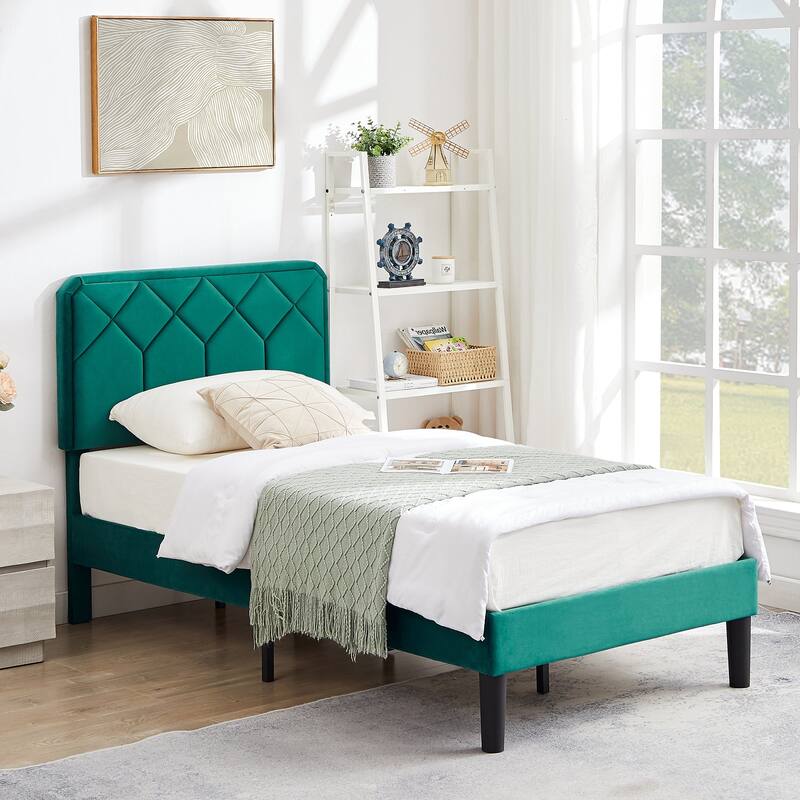 2 Pcs Upholstered Twin Size Platform Bed with Adjustable Headboard