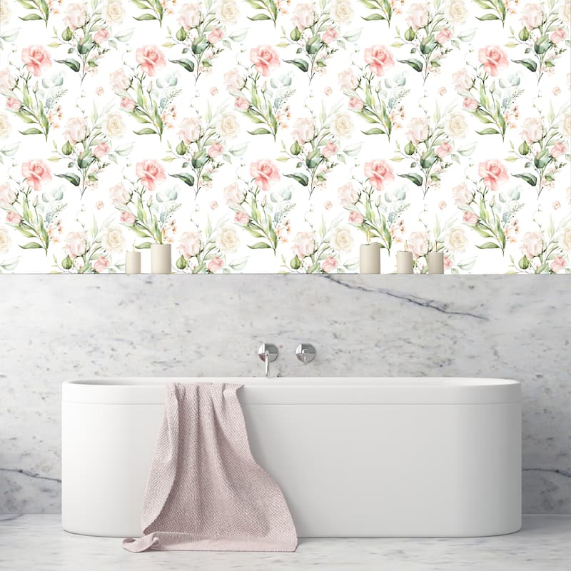 House Pink Roses Removable Wallpaper 24'' inch x 10'ft Bed Bath