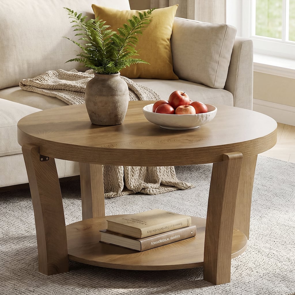 2-Tier Round Coffee Table with Open Storage, Easy to Assemble