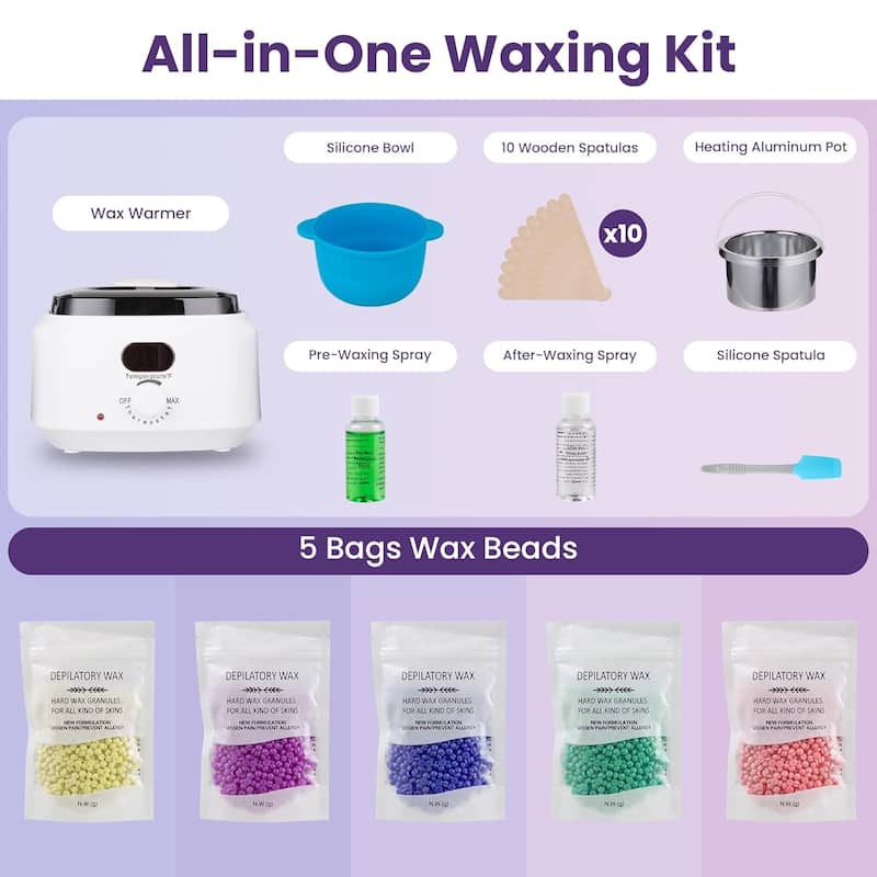 Brazilian Wax Warmer Kit with 5 Hard Wax Beads & Digital Display - For Full Body, Face, Bikini, Sensitive Skin