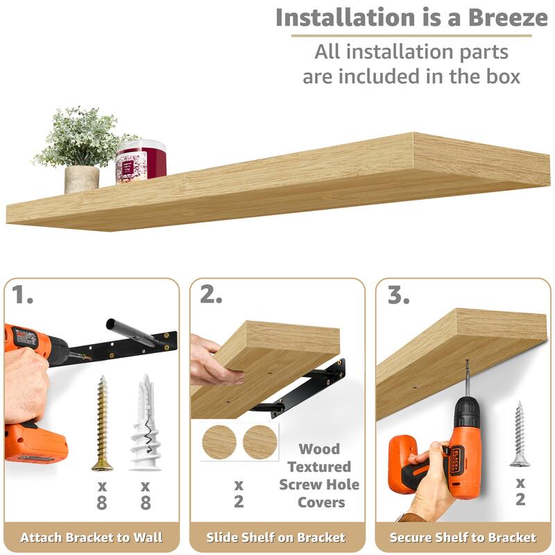 Sorbus Long Floating Shelves Set of 3, Large Faux Wood Wall Mounted Floating Shelves - 35” L x 9” W x 1.5” H