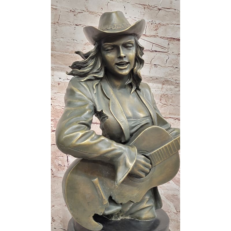 Bronze Country Singer Musician Bust - Cowgirl Guitar Sculpture Decor