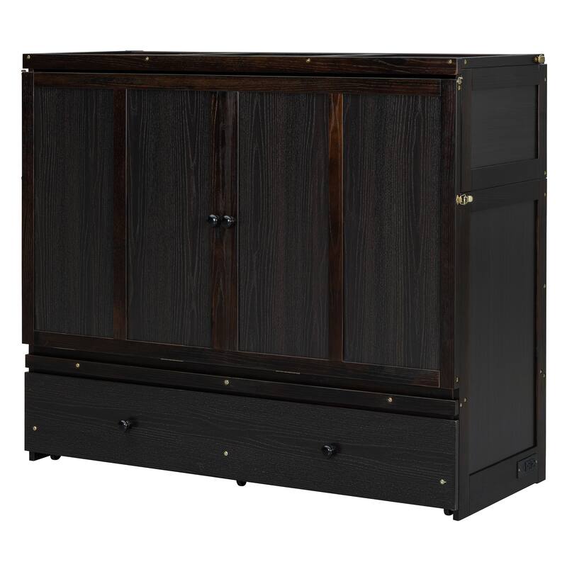 Full Size Murphy Bed with Dual USB Port, Large Drawer, Space-Saving Design, Espresso Finish