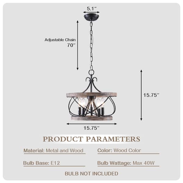 dimension image slide 2 of 4, Cusp Barn 5-Light Farmhouse Wood Chandelier Adjustable Handmade Rustic Drum Ceiling Light Fixture Hanging Lamp for Foyer Kitchen