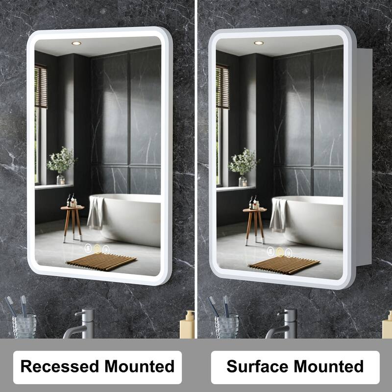 Aris Recessed/Surface Mount Bathroom Medicine Cabinet with Mirror and Lights, Dimmable, Adjustable Shelves, Fast Defogging