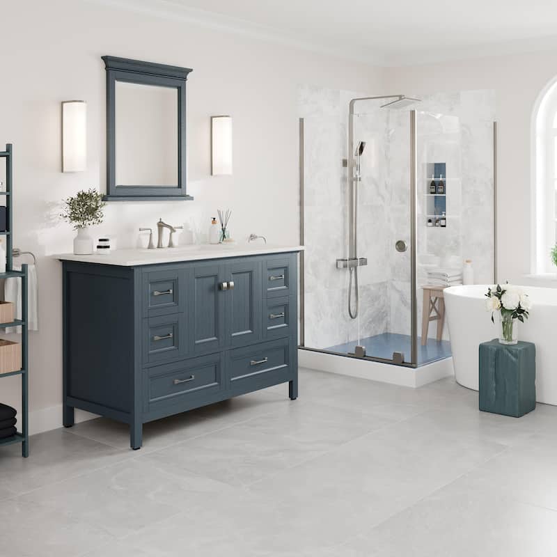 Eviva Britney 48"W Ash Blue SS Bathroom Vanity with Carrara Quartz Top