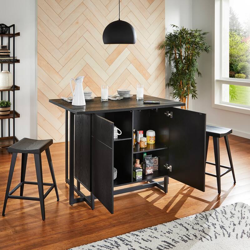 Oyala Black Finish 2-door Kitchen Island with Power and USB outlets and 2 Stools by iNSPIRE Q Modern