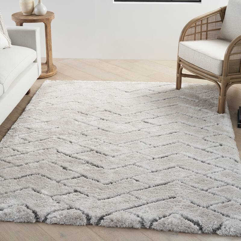 Nourison Luxurious Shag Ultra Plush Modern Chevron Area Rug - 5' 3" x 7' 3" - Ivory/Grey - Rectangle