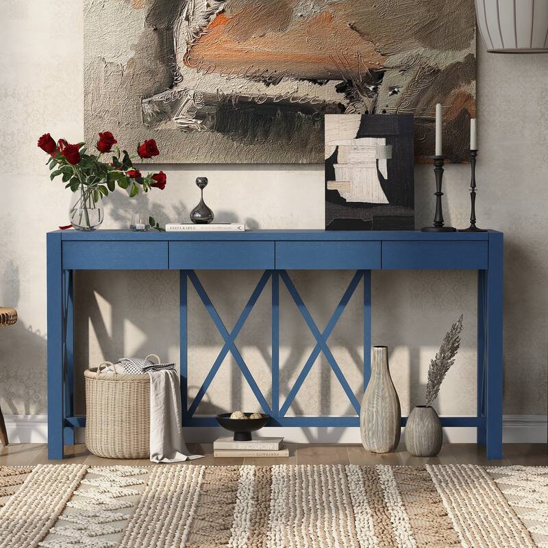 60''Acacia Veneer Console Table with 4 Spacious Drawers and Open Bottom Storage