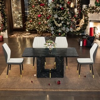 Elegant 63" Black Marble Wood Dining Set with 4 White & Dark Gray ...