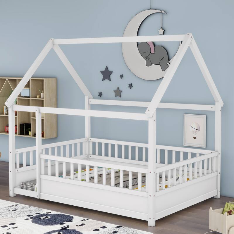 Wooden Twin/Full Size Floor Bed Frame, Solid Pine House Shaped Bed with Fence and Roof