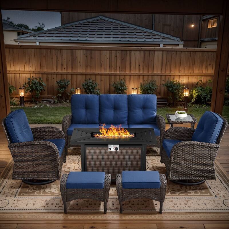 Gymojoy Outdoor Fire Pit Conversation Set, 3-Seat Sofa & Chairs Patio Furniture Set - 7-Piece included Swivel Chairs & Ottomans - Blue