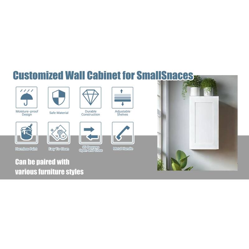 White Solid Wood Single Door Wall Cabinet 1 Door and 2 Shelves for Kitchen Storage, Adjustable Shelves (12"W×12"D×36"H)