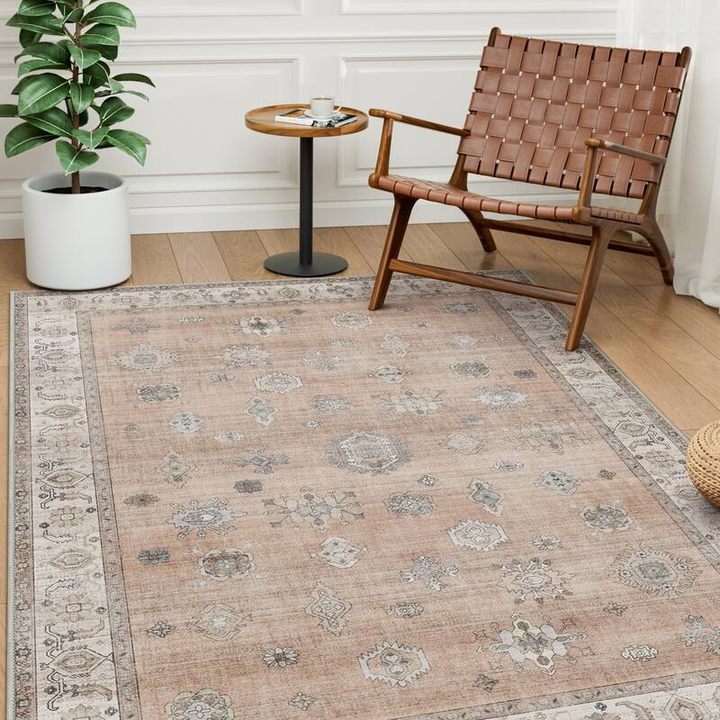 Mcow Vintage Floral Low-Pile Machine Washable Non-Slip Area Rug - 5'X7' - Salmon - Rectangle