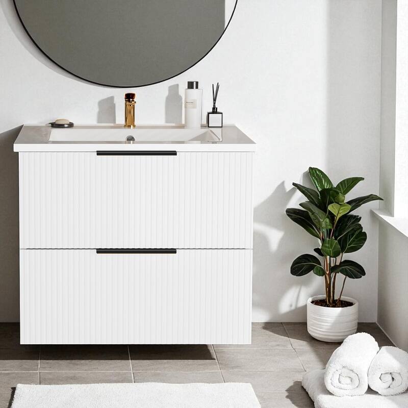 24 Inch Floating Bathroom Vanity with Ceramic Sink, Wall Mounted Modern Fluted Cabinet with 2 Drawers