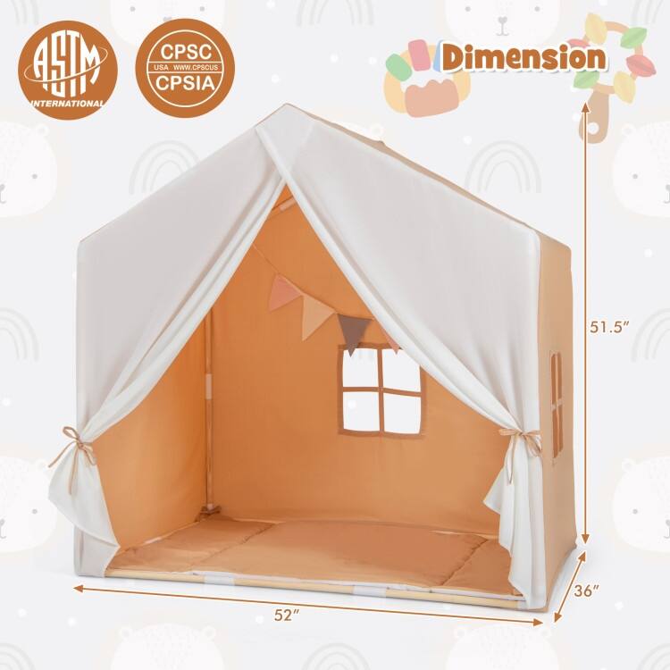 Kid's Play Tent with Washable Cotton Mat and Flag Banner - 52" x 36" x 51.5" (L x W x H)
