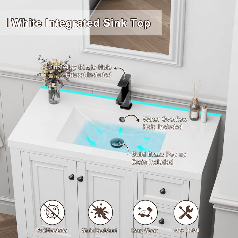 Retro Bathroom Vanity Cabinet Solid Wood Classic with Ceramic Sink