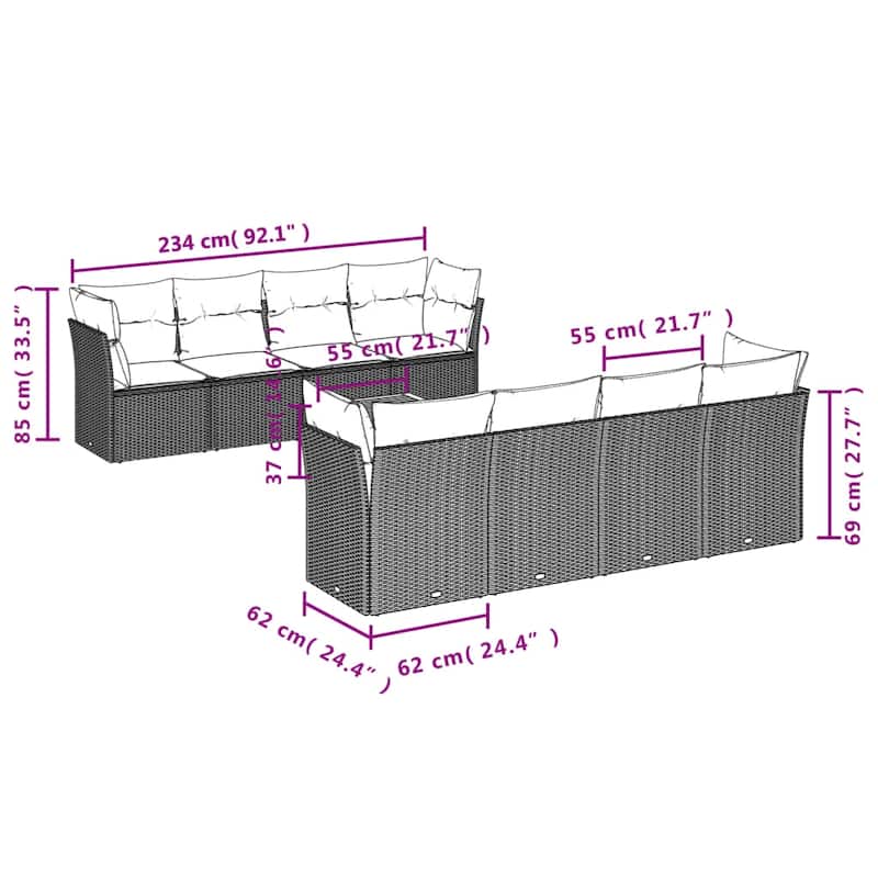 vidaXL Patio Sofa Set with Cushions Outdoor Furniture 9 Piece Poly Rattan - 24.4" x 24.4" x 27.2"