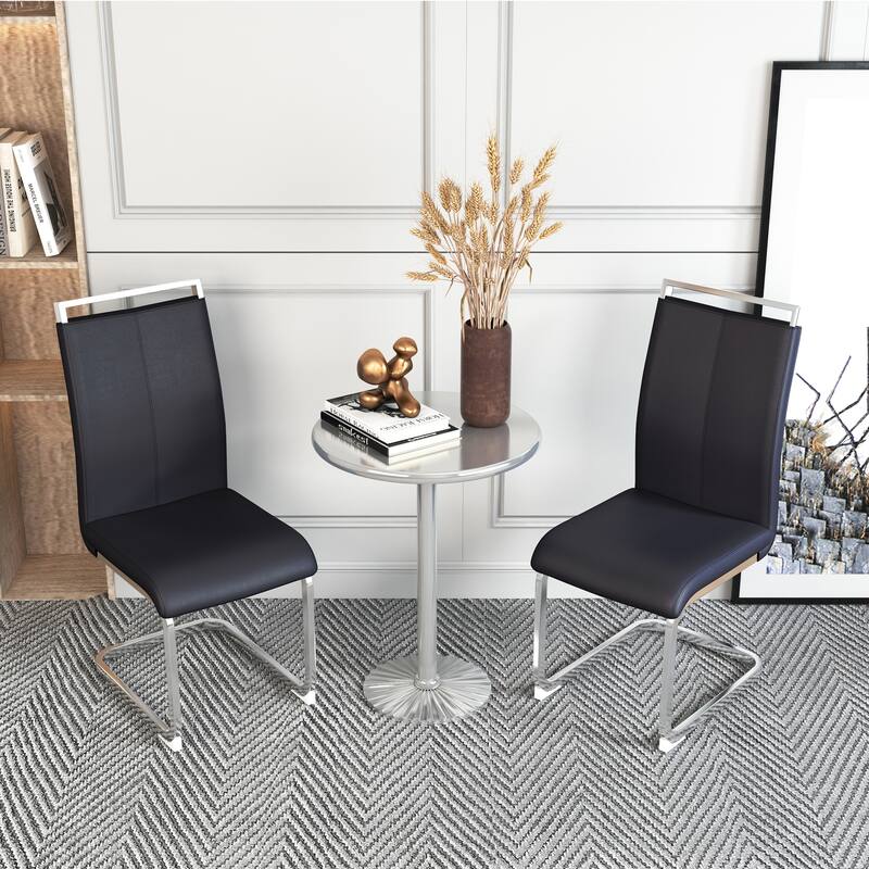 Modern PU Faux Leather High Back Dining Chairs with C-shaped Tube Chrome Metal Legs - Set of 2 - Black+Silver