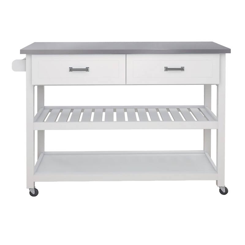 Kitchen Cart with Stainless Steel Top, 2 Drawers & Open Shelves for Storage, Easy to Assemble and Clean (White)