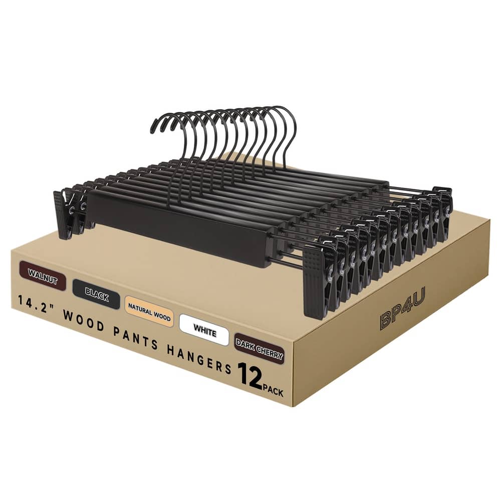 BP4U Premium Wooden Pants Hangers with Adjustable Clips, Solid Wood Skirt Hangers for Jeans, Slacks, Dresses