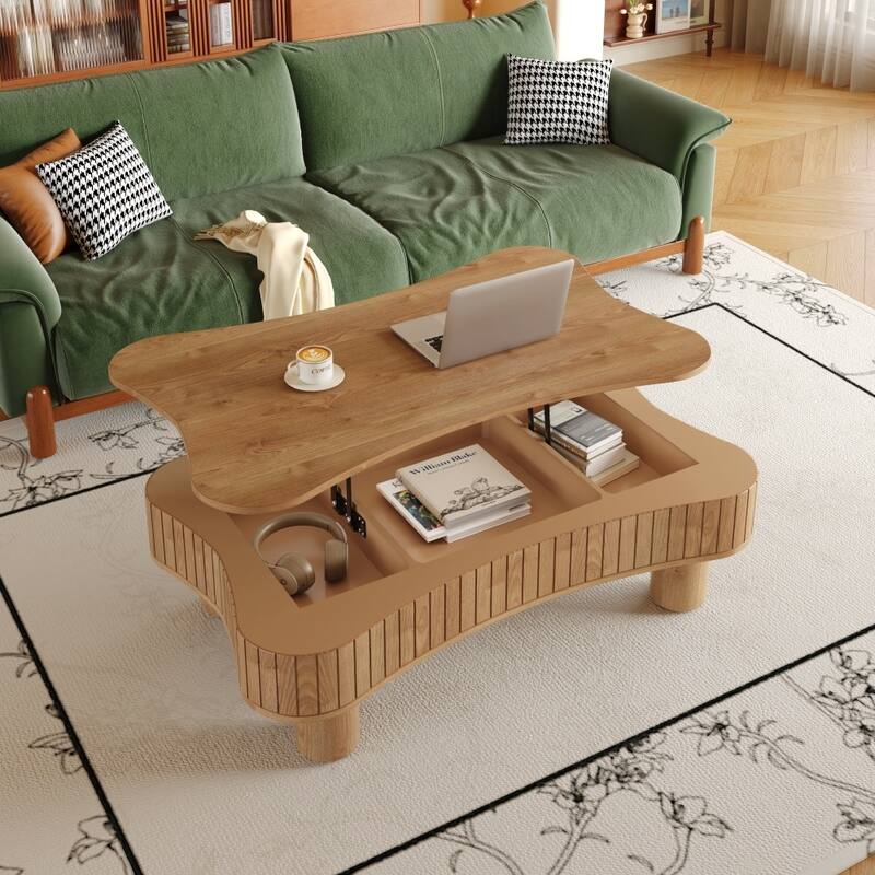 Lift Top Coffee Table with Fluted Panel Hidden Storage, Silent Hydraulic Lift and Curved Safety Corners