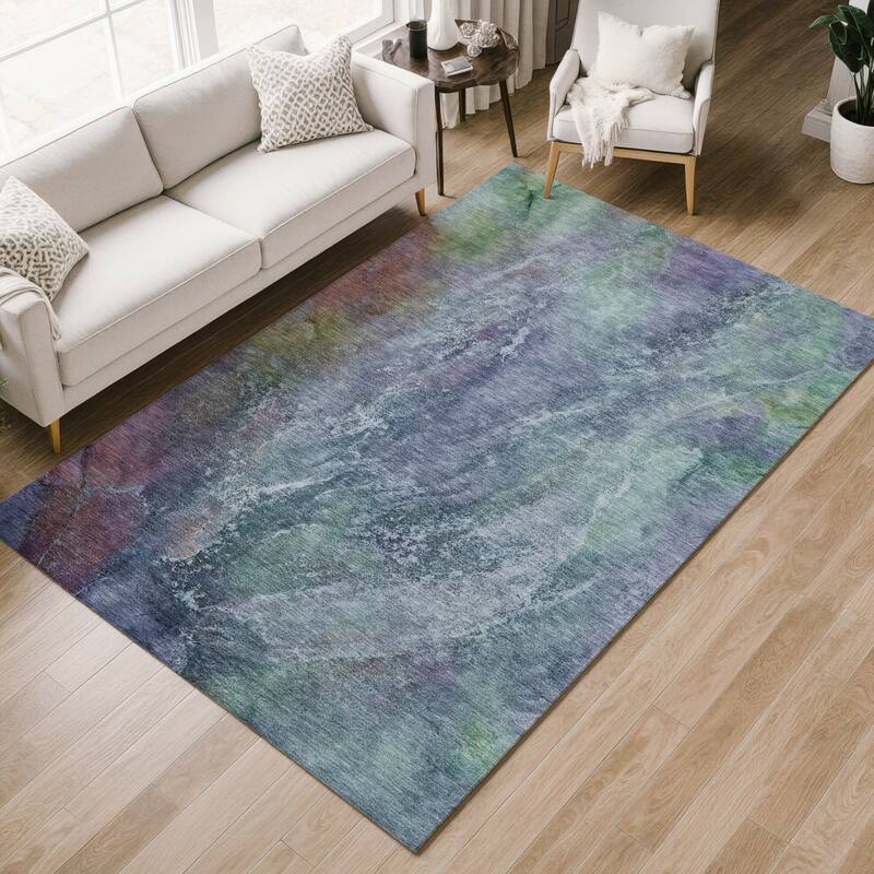 Machine Washable Indoor/ Outdoor Abstract Watercolor Chantille Rug