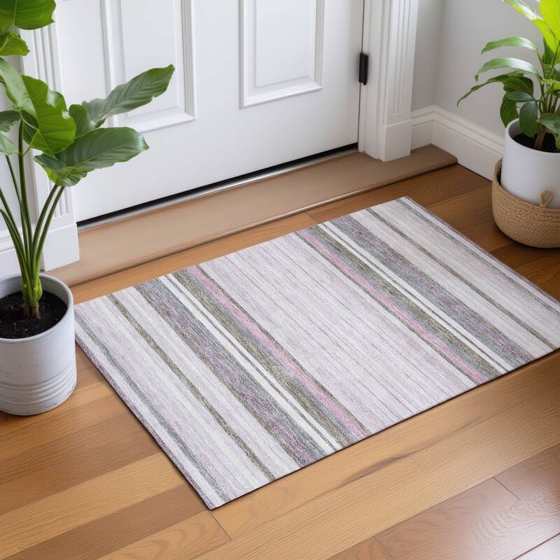 Machine Washable Indoor/ Outdoor Modern Stripes Chantille Rug