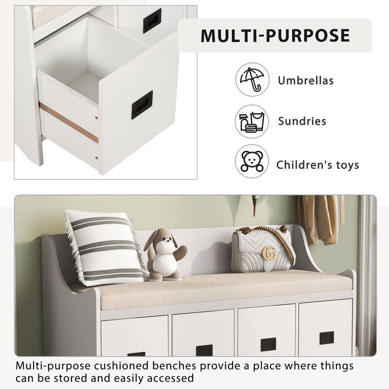 Movable Cushion Storage Bench With Drawers And Backrest Shoe Bench Bench With Removable Cushion