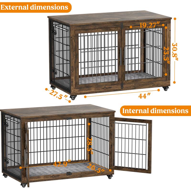 Dog Crate Indoor Heavy Duty Double Doors Wooden Dog Cage with Cushion