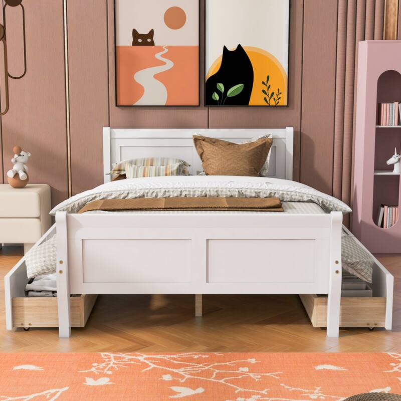 Full Size Wood Platform Bed with 4 Drawers and Streamlined Headboard & Footboard