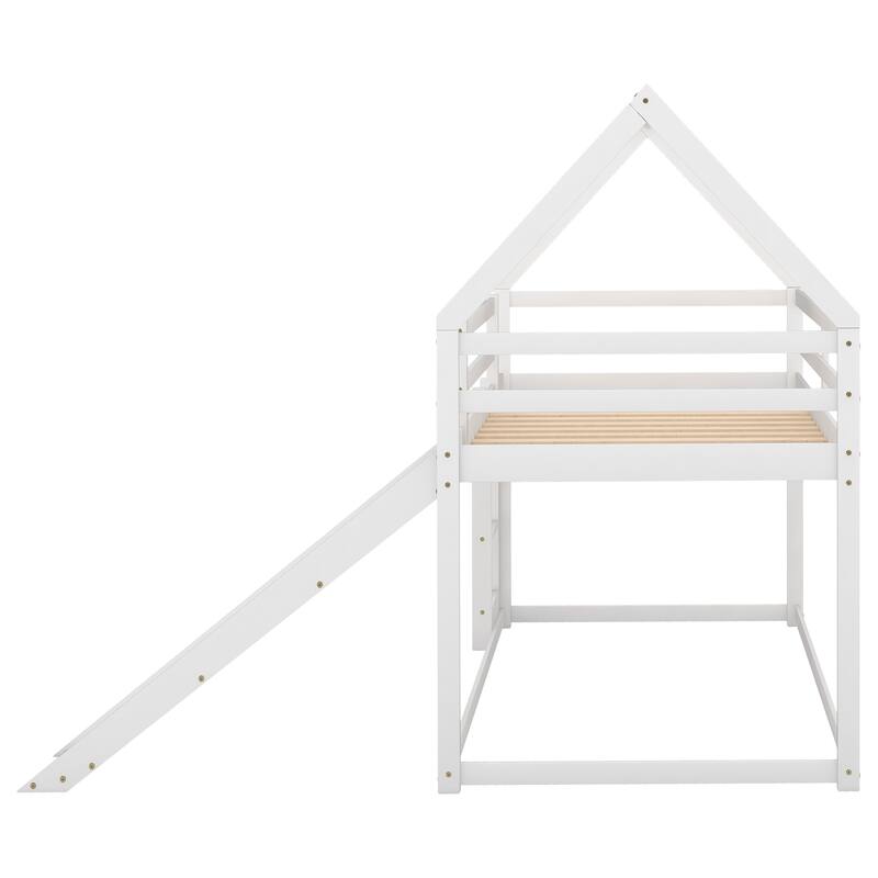 Twin Over Twin Bunk Bed with Slide, Wooden House Shape Bed Frame