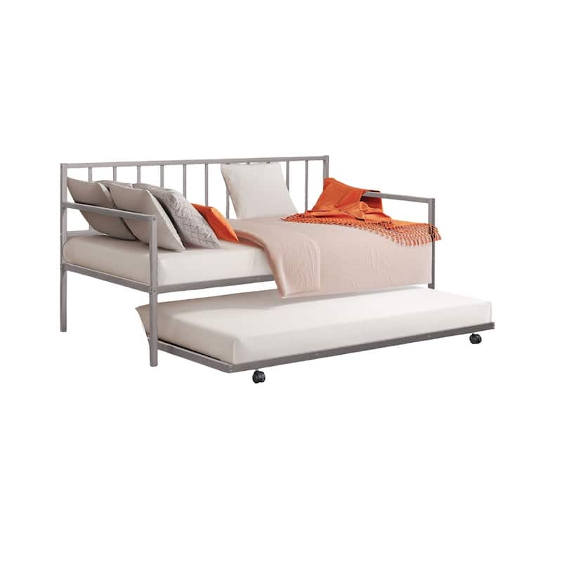 Silver Metal Twin Size Daybed with Trundle, Contemporary Style