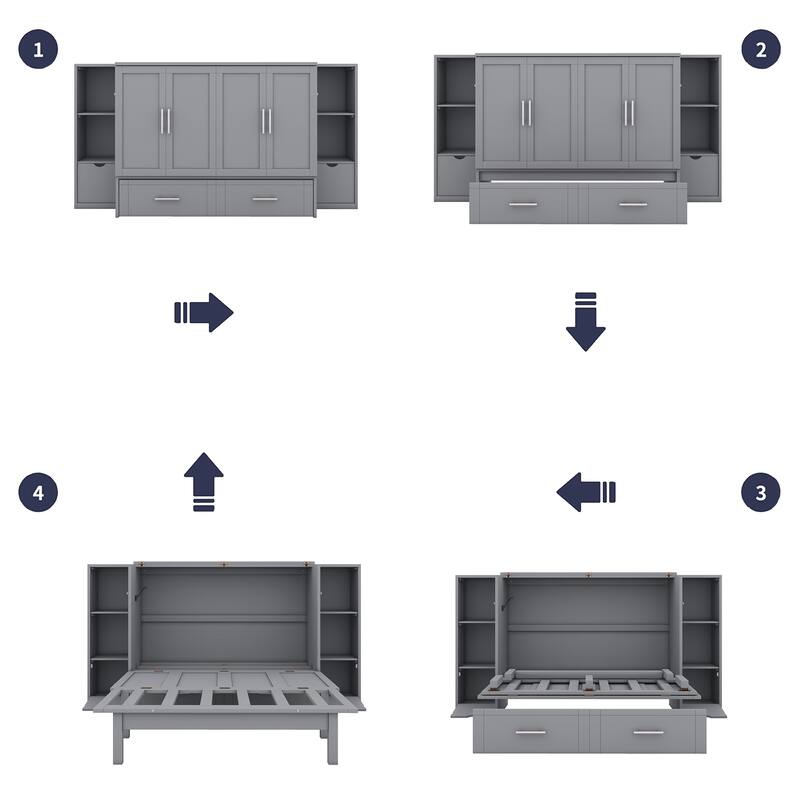 Space-Saving Full Size Murphy Bed with Shelves, Drawers, and USB Ports in Gray