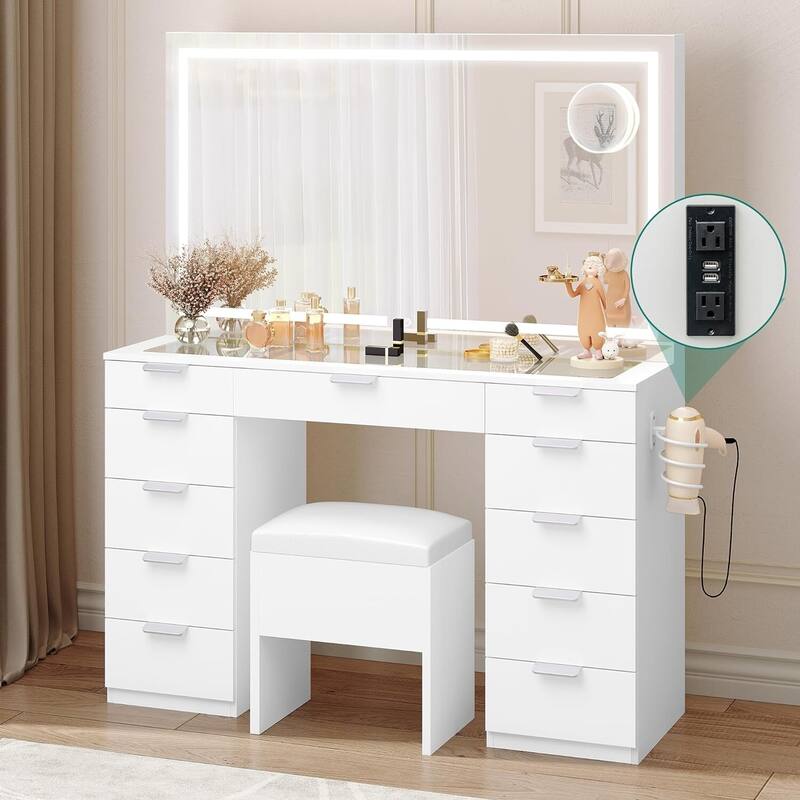 46''Makeup Vanity 11 Drawers Glass Top Vanity