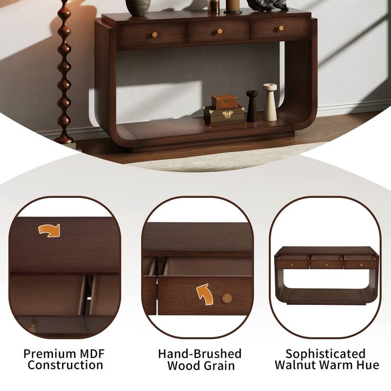 Mid-Century Modern Console Table with 3 Storage Drawers and Display Shelf for Entryway or Living Room Use