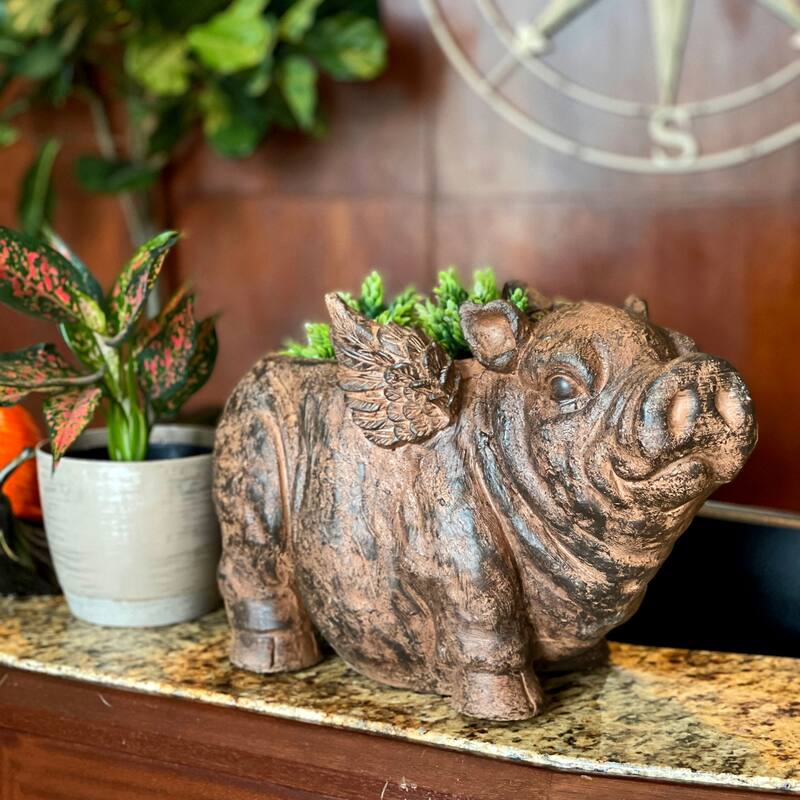 Flying Pig Planter 17" Brown, With Drain Hole, Rustic Indoor Outdoor - 10.75 X 17 X 8.5 inches