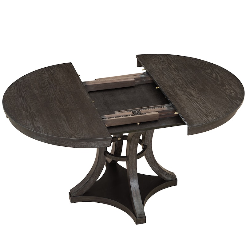 5-Piece Retro Functional Dining Table Set Extendable Round Table and 4 Upholstered Chairs for Dining Room and Living Room