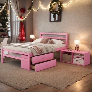 Modern Full Size Wood Platform Bed with Storage Shelves and 2 Under-bed Storage Drawers,Pink